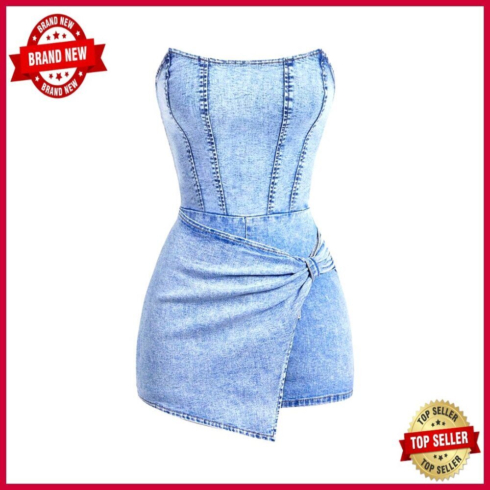 Strapless Denim Romper Wrap Jumpsuit Bodycon Short Sleeveless